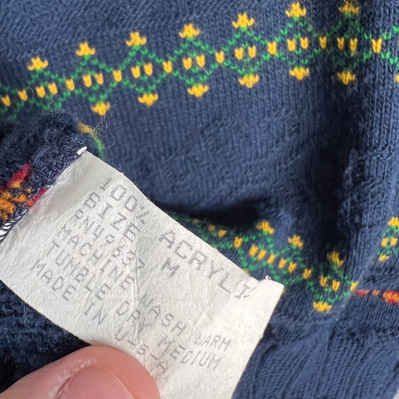 VTG 90s Nordic Fair Isle Knit Sweater Medium Geometric USA Grandpa Cottagecore - Picture 4 of 10